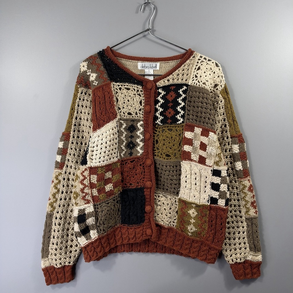 VTG Debra Lubell Sweater Womens Small Patchwork Crochet Grandma Core Cardigan
